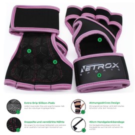 NetroxSports® Training Gloves with Wrist Bandage for Strength Training, Bodybuilding & Crossfit, Non-Slip for Men and Women, pink, XS