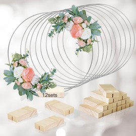 OurWarm 12Pcs 12 Inch Floral Hoop Centerpiece with Stand for Table, Metal Center Pieces with Wood Base Silver Circle Centerpieces for Wedding Reception, DIY Table Centerpieces, Wall Hanging Crafts