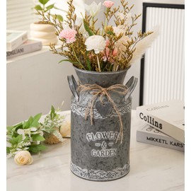 Vintage Galvanized Metal Flower Jug, Farmhouse Decorative Flower & Garden Pitcher Vase, Rustic Milk Can Jug Vase for Flowers,10.6'' H