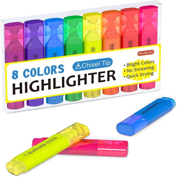 Shuttle Art Highlighters, 8 Assorted Colors Highlighter Pens, Chisel Tip Dry-Quickly Non-Toxic Highlighter Markers for Adults Kids Highlighting on Home School Office
