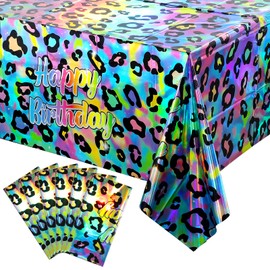 6 Pack Cheetah Print Birthday Tablecloth, Iridescent Neon Rainbow Leopard Birthday Party Decorations, Plastic Disposable Rectangle Safari Leopard Print Table Cover for Birthday Party, 54X108 Inch