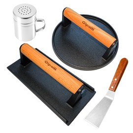 Smash Burger Press Kit for Griddle, 4 in 1 Heavy-Duty Cast Iron Round Burger Smasher & Rectangle Grill Press Meat Steak Weight for Bacon, Paninis, Hamburger, Sandwich, with Spatula & Seasoning Shaker