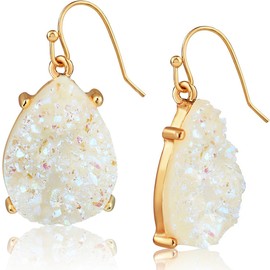 White Earrings for Women Dangle - Created White Opal Earrings for Women - Boho Dangle - Womens Long Sparkly Dangly with Dangling Cream Simulated Druzy Teardrop in Gold Tone