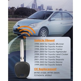 OCPTY Uncut Transponder Ignition Car Key for Toyota for Camry for Avalon for Highlander for Prius for Sienna for Solara for 4Runner for Land Cruiser for Sequoia 1998-2006 (1 pcs） 89785-41020