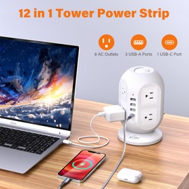Surge Protector Power Strip Tower with 8 Outlets 4 USB Ports(1 USB C), AiJoy 10 FT Flat Plug Long Extension Cord with Multiple Outlets for Office Supplies, Dorm Essentials, White