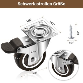 Pack of 4 Furniture Castors 50 mm, Transport Castors with Brake up to 100 kg, Heavy Duty Castors for Furniture with Brakes, 360° Heavy Duty Castors for Beach Chair Castors, Small Swivel Castors (16