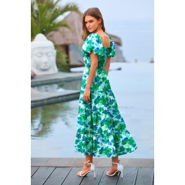 PRETTYGARDEN Women's Casual Summer Midi Dress Puffy Short Sleeve Square Neck Smocked Tiered Ruffle Dresses (Floral Green,Medium)