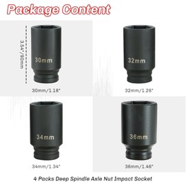 weyleity Heavy-Duty 1/2-Inch Drive Impact Socket Set | 4PCS Deep Spindle Axle Nut Socket Set, CR-MO, Metric 6 Point, 30mm, 32mm, 34mm, 36mm, Professional Axle Nut Removal and Installation Kit