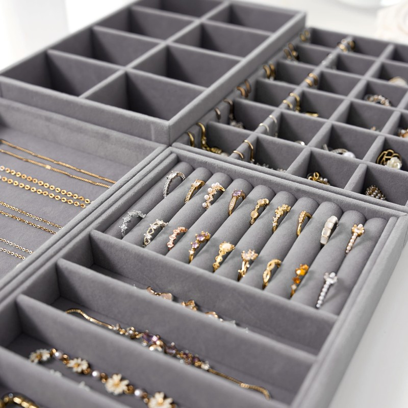 Velvet Jewelry Drawer Organizer Trays – Grey Stackable Jewelry Storage