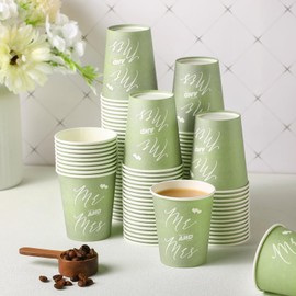 Fulmoon 100 Pcs Sage Green Paper Cups 9 oz Cup Disposable Mr and Mrs Paper Cups Wedding Bridal Shower Coffee Cups Birthday Beverage Drinking Cups Bulk for St Patricks Tea Party Picnic Business Supply
