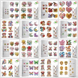 6 Pcs Fridge Magnetic Diamond Painting Stickers DIY Crafts Kits (Flower Butterfly Moon Dragonfly) - Design: Single Flowers