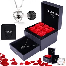 Tucorresi Collar de rosa preservada con I Love You,Rosa roja Regalos para mujer preservados,9 flores rosas preservadas a mano,Los mejores regalos románticos para el día de San Valentín, aniversario, cumpleaños, boda set de regalo de promesa de amor Regal