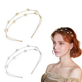 Glitter Rhinestone Stars Hair Band Metal, Pack of 2 Star Headband, Metal Decorative, Gold Silver Hair Bands, for Women Party, Wedding, Bridesmaids
