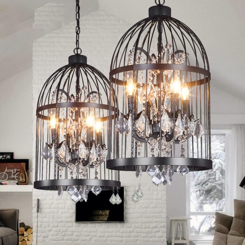LUOLAX Industrial Vintage Lighting Fixture Black Finish Metal Birdcage Crystal