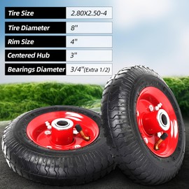 AR-PRO (2-Pack) 2.80/2.50-4" Tire and Wheel Set - 8 Inch Wheelbarrow Tire and Wheel Replacement with 3/4" Bearings and 3" Centered Hub - Extra Adapter kit includes 1/2" Bearings
