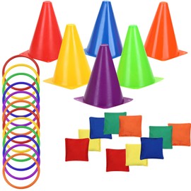 LACRIS 3 in 1 plastic cones toss game set with beanbags, outdoor throwing colorful ring toss cones, soft plastic Carnival set, birthday party activities inside and outside for kids
