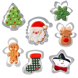7 Pcs Christmas Cookie Cutters Set, Holiday Cutter Shapes Christmas Tree,Gingerbread Man,Candy Cane,Snowflake,Santa Face, Winter Socks, Star Cookies Metal Mold, Stainless Steel