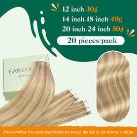 Easyouth Tape in Extensions Real Human Hair Skin Weft Tape in Hair Extensions Human Hair Honey Blonde Mixed Light Blonde Remy Tape ins Human Hair Extensions 20 inch 20pcs 50g