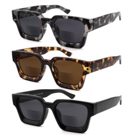 SOPHILY Bifocal Readers Sunglasses for Women Men, Thick Arm Oprah Style Large Frame Sun Reading Glasses Bi-focal Lenses, Black/Brown Tortoiseshell/Pea Color, +3.00