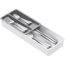 Lifewit Compact Silverware Organizer for Kitchen Drawer, Narrow Flatware Tray Holder, Plastic Cutlery Spoons, Forks and Knives Storage, White&Gray, 1 Pack
