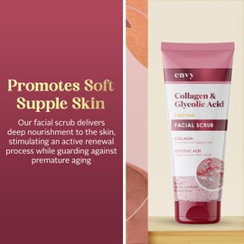 Envy Collagen & Glycolic Acid Face Scrub - Anti-Aging, Softening & Dark Spot Improving Exfoliating Scrub - Dermatologist Tested, Clean Beauty for All Skin Types - 6.76 Oz