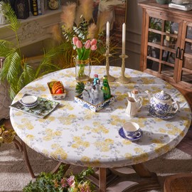 ARTABLE Table Cover Round Elastic Edges Fitted Tables Waterproof Vintage Flowers for Outdoor Camping Trip Patio Table (Yellow Flower, 60''RD (48''-55''Table))