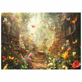 AIIKES 7x5FT Spring Backdrop Enchanted Forest Fairy Tale Backdrop for Photography Bookshelf Butterfly Flowers Birthday Party Decor Background XY146