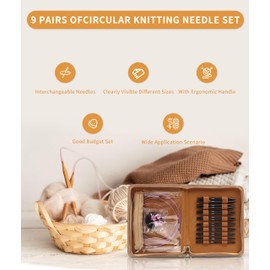 Interchangeable Circular Knitting Needle Set, 9 Pairs of Circular Knitting Needle Set, 3 to 6mm Metal Knitting Needles Set with Ergonomic Handles and Storage Bag, for Weaving Project