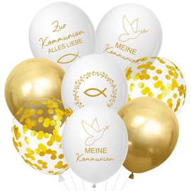 Cadimus Pack of 30 Communion Balloons, 5 Design Communion Decoration Girls Boy, Helium Balloons Christening, Fish Motif, Dove Pattern and Leaf Wreath, White and Gold Christening Balloons Decoration