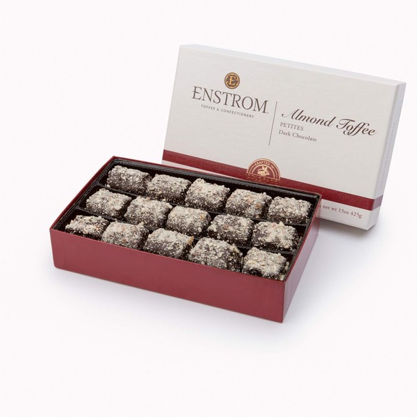 Enstrom Dark Chocolate Almond Toffee Petites 15oz box | Bite-size | Gluten Free | Kosher Dairy | All Natural