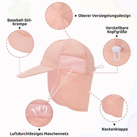 PONCEAU Baby Sun Hat with Neck Protection and Adjustable Ties Toddler Children UPF 50+ Boys Girls UV Protection Breathable Summer Hat Beach Swimming Hat, pink, 6-12 months