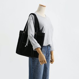 Jeelow 16 oz Washed Canvas Tote Shoulder Bags Purse Handbag For Men & Women Double Handles (Black)