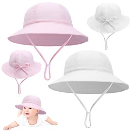 2 Pcs Baby Sun Hat Cotton Soft Bucket Hat Fishing Hats with Adjustable Bow Head Tie and Chin Strap for 0-24 Months Newborn Kids Girls Boys (Age 6-24 Months, Pink+White)