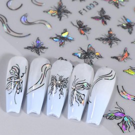 Vezocim Black Butterfly Nail Art Stickers Decals-3D Butterflies Nail Self-Adhesive Sticker Designs Laser Butterfly Star Moon Nail Transfer Decal Supplies for Women Girls Manicure Tips Decorations