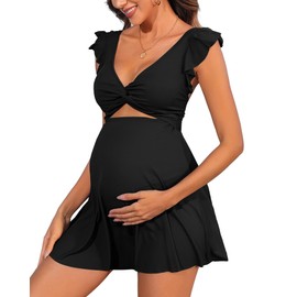 Charmo Maternity One Piece Swimsuit Cut Out Ruched Full Coverage Swim Dress Ruffle Pregnancy Bathing Suits for Women Black S