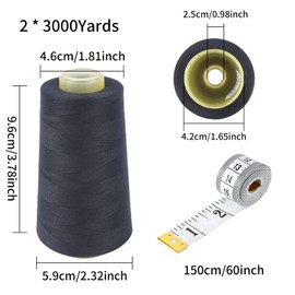 Zythrem Sewing Thread 2 x 3000 Yards Black Polyester Overlocking Thread Cone 40S/2, All Purpose Polyster Sewing Thread OverLock Yarn for Sewing Quilting Piecing Stitch Serger, Hand&Machine