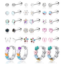 YADOCA 17 Pairs Hypoallergenic Screw Back Earrings for Women Girls Surgical Steel Heart CZ Flower Butterfly Screwback Stud Earring Cute Huggie Hoop Earring Set 20G