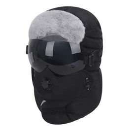 TINAYAUE Unisex Men Women 4 in 1 Ski Cap Winter Warm Soft Warm Trapper Snow Hat Windproof Waterproof Winter Hat with Goggles Glasses Mouth Ear Warmer Earflap Outdoors Sport Cycling Hat Black