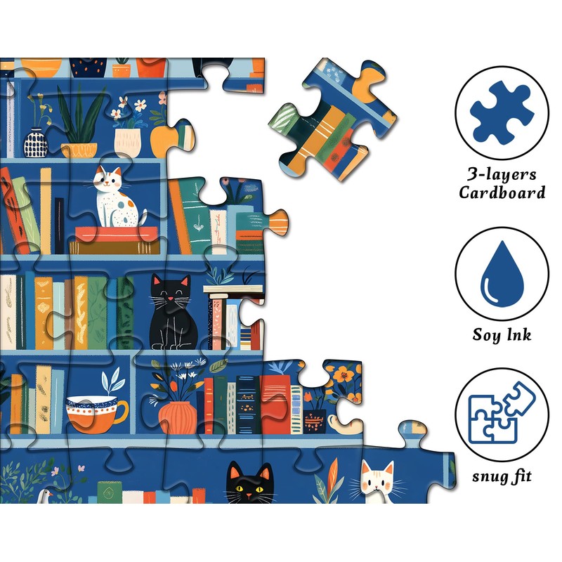 Cat Bookshelf Puzzle for Adults 1000 Pieces, Kitty Book Puzzle