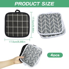 Pack of 4 Cotton Pot Holders, 18 x 18 cm, Heat Resistant Pot Holders, Cotton Pot Holders, Pot Holders with Gripping Pockets, Washable, for Cooking and Baking, Kitchen Accessories in Black and Grey