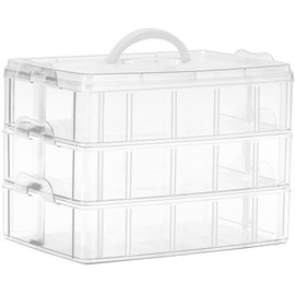 Sooyee 3-Tier Stackable Craft Organizers and Storage Box Plastic with 30 Compartments for Bead, Toys,Dolls, Arts and Craft, Washi Tape, Rock Collection, Ribbons,Clear