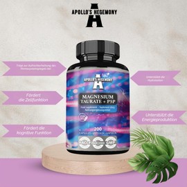 Magnesium Taurate + P-5-P 140 mg per portion - 200 vegan capsules - 100 Day Supply - supports muscle and nerve function - supplement by Apollo's Hegemony