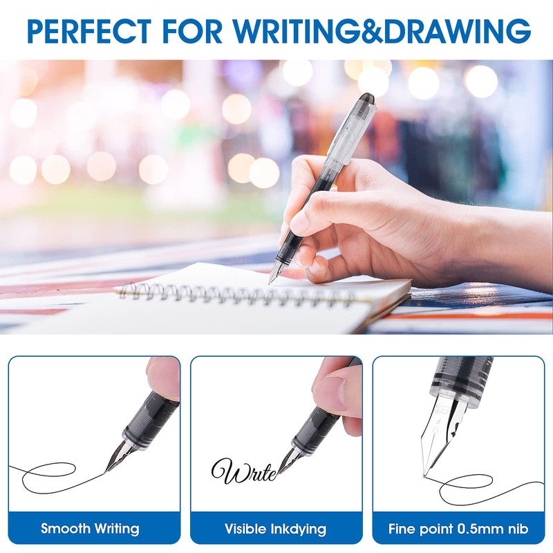 TIESOME Disposable Fountain Pens, Black Ink Smooth Writing Pens Quick-Drying