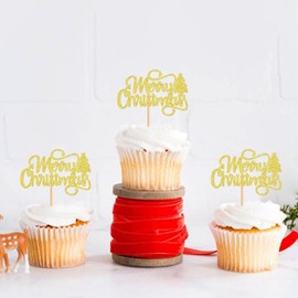 Keaziu - Paquete de 24 adornos para magdalenas de Navidad, color rojo, adornos para cupcakes, Navidad, decoración de tartas, color dorado