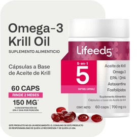 Aceite de Krill Antártico 500 mg con Astaxantina | Omega 3 EPA y DHA | 60 Cápsulas para 2 meses | Lifeed5 Krill Oil