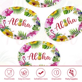 Grencian 50Pcs Hawaiian Luau Oval Paper Plates 10" X 12" Disposable Tropical Aloha Party Plates Heavy Duty Dinnerware Hawaiian Floral Luau Party Decorations for Summer Beach Birthday Party Holiday