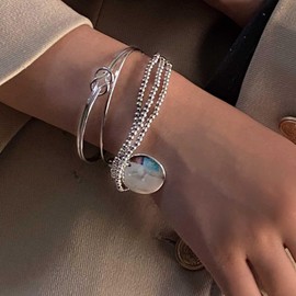 TseenYi Layered Bracelet Bangle Set Layered Knot Bangle Stackable Bracelets Silver Beaded Coin Stacked Bracelet Vintage Glossy Disc Open Bangle Jewelry for Women and Girls Gifts