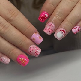 Christmas Gingerbread Man Santa Claus Glossy Pink Full Cover False Nails with Designs - Short Square Winter Acrylic Artificial Nails for Women Girls