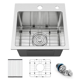 Herogo 15×15 Inch Kitchen Sink, Small Drop In Bar Prep Sink, 16 Gauge Stainless Steel Single Bowl RV Laundry Yard Office Sink With Accessories