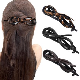3pcs Bow Hair Clips Set, Leather Twist Clips, Non-Slip Duckbill Hair Accessories Bowknot Ponytail Holder Fashion Hollow Bow Duckbill Clip for Women Girls for Thick Hair Styles